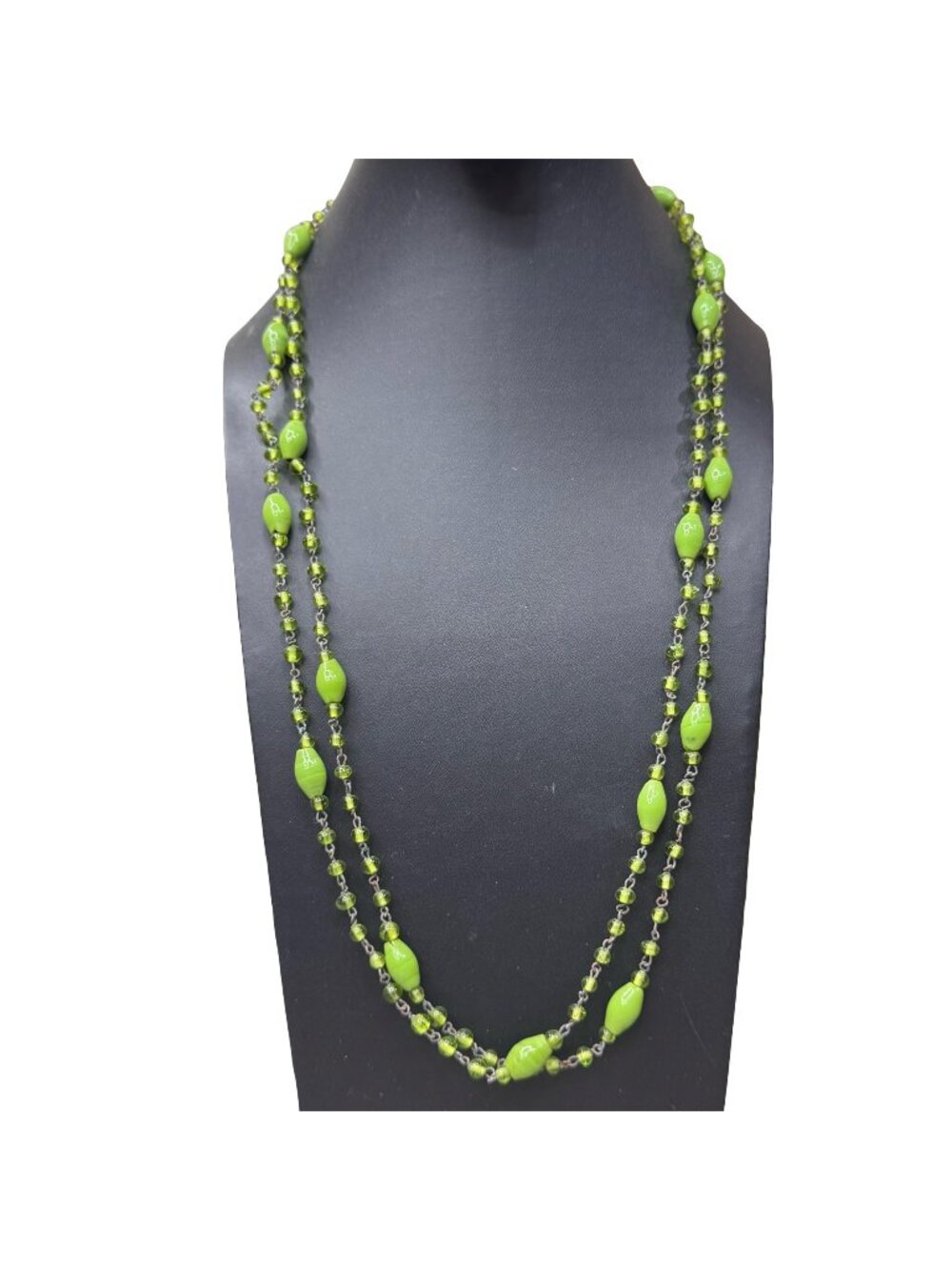 Vintage Venetian Cadmium  Green Glass Bead Necklace Glows Ornage 50" Fluorescent